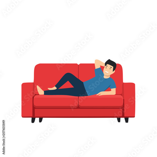 Man relaxing on red sofa, flat vector illustration