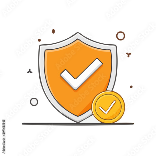 Shield and coin with checkmarks, flat vector illustration