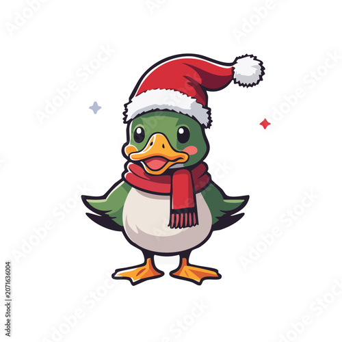 Cartoon Duck Wearing Santa Hat and Scarf