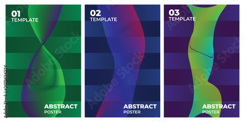 Abstract business poster templates with striped backgrounds and wavy gradient shapes.