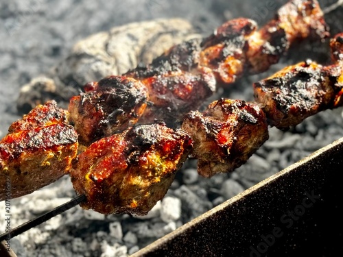 Outdoor Barbecue: Grilling Juicy Meat Shashlik on Skewer Over Open Fire