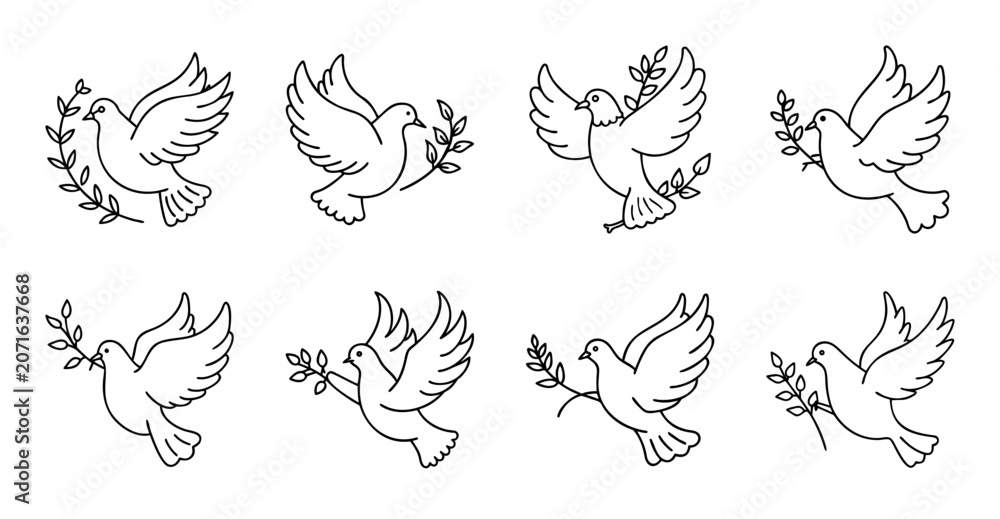 Obraz premium Nine elegant flying doves in a line - A clean, stylish black and white line drawing of nine doves flying gracefully in a row, perfect for minimalist designs.