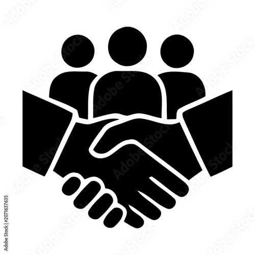 Black Glyph Icon Featuring a Professional Business Handshake Symbolized in Front of a Group of People Representing Collaboration and Partnership