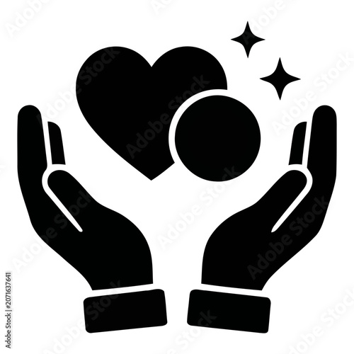 Hands holding a heart and circle icon symbolizing care, love, support, and compassion for healthcare or charity