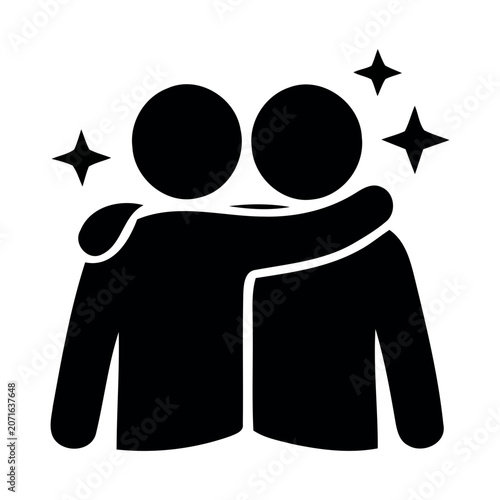Minimalist Vector Icon of Two Friends Hugging with Sparkle Symbols Representing Friendship and Strong Social Connection