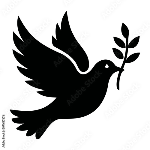 Black Silhouette of a Peace Dove Flying with an Olive Branch Symbol of Hope and Harmony