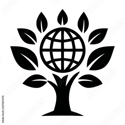 Minimalist tree icon featuring a central globe for global conservation, environmental sustainability, and ecological growth