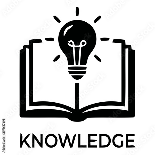Education and knowledge symbol featuring an open book with a glowing light bulb representing creative ideas, learning, and intelligence