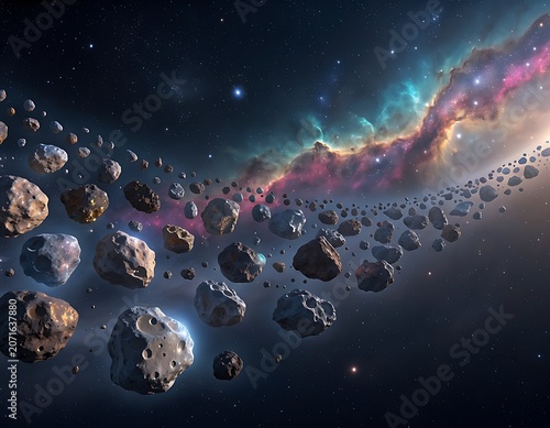 Deep space asteroid belt orbiting a colorful nebula and glowing starfield in a distant galaxy