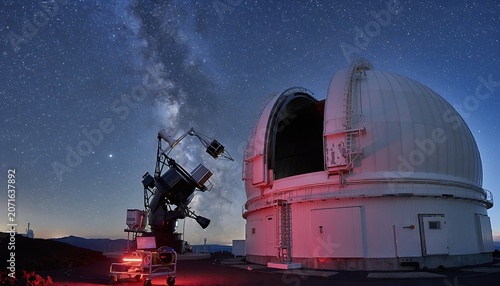 Observatory Dome under a Starry Night Sky with Milky Way and Telescope