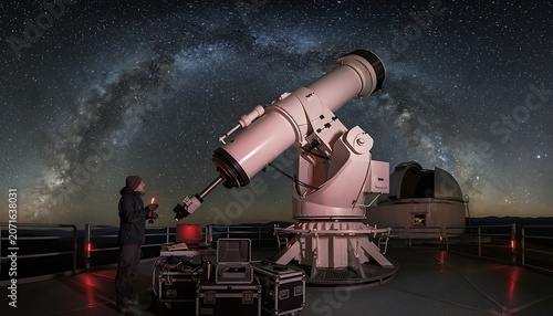 Astronomer Operating Large Professional Telescope Under The Majestic Milky Way Galaxy At Night