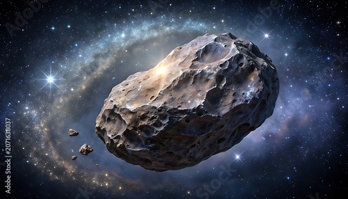 A massive asteroid drifts through the vast expanse of space, illuminated by distant stars and nebulae