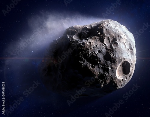 Awe-inspiring digital rendering of a massive, cratered asteroid or comet hurtling through the dark expanse of space, its glowing cosmic dust tail illuminating the interstellar void