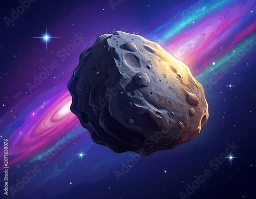A lone asteroid drifts through the vibrant cosmos, illuminated by a distant star and set against a swirling nebula and starry sky