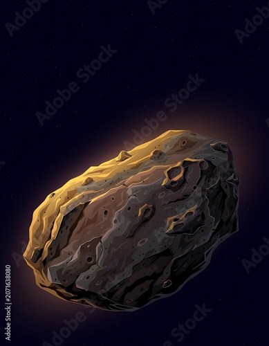 Illustration of a rocky asteroid floating in deep space with golden sunlight glow