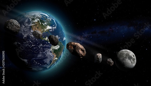 3D illustration of asteroids flying near planet Earth and the Moon in deep outer space