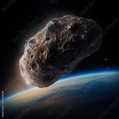 Large cratered asteroid floating in outer space near planet Earth orbit