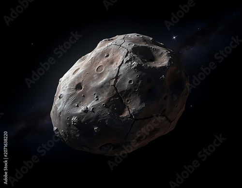 Realistic illustration of a giant rocky asteroid with deep craters and surface cracks floating in dark outer space