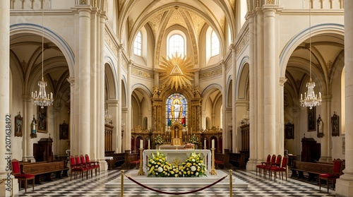 Majestic interior of a grand catholic cathedral with golden altar