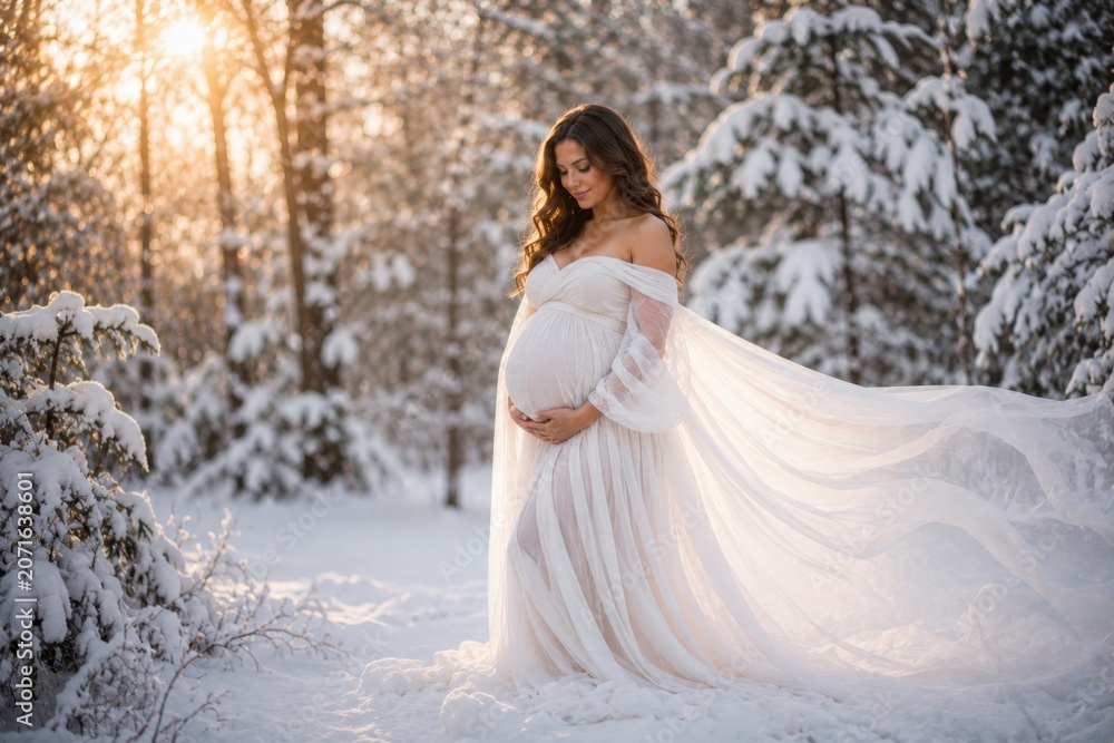 Obraz premium A beautiful portrait of a pregnant woman wearing a flowing white off-the-shoulder gown, gently holding her baby bump while standing in a snow-covered forest during a warm winter sunset.