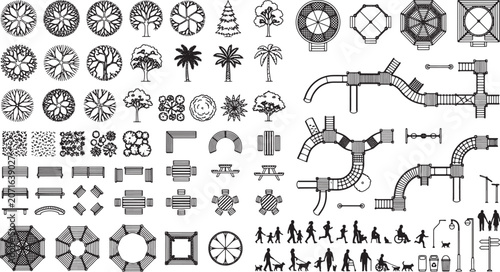 Landscape architecture plan symbols set with trees, park furniture, playground equipment, and people in vector format
