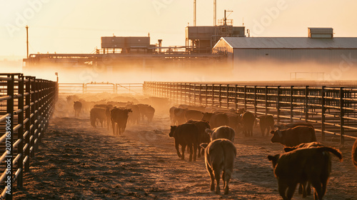 Cattle walk through dusty feedlot pens at sunrise beside industrial farm structures and metal fencing.