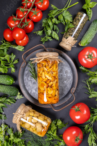 Принти на полотні Homemade pickled mushrooms, tomatoes, cucumbers, and capers