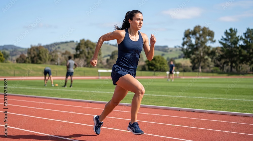 Obraz premium Woman runner sprinting on outdoor stadium track. Female athlete training for competition on race course. Professional sports activity, healthy lifestyle and physical endurance training concept.