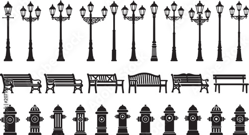 Street furniture silhouette set including vintage lamp posts park benches and fire hydrants for urban design projects