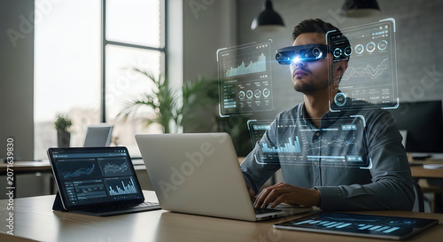 Person using augmented reality glasses at desk