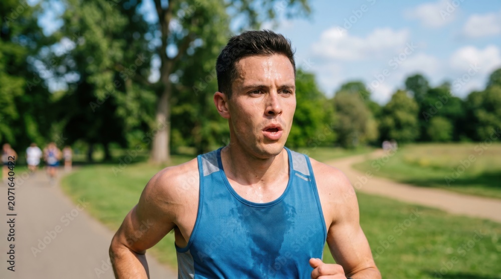 Fototapeta premium Man running along path in sunny park. Athlete training outdoors for marathon race. Healthy lifestyle, cardio workout, endurance fitness concept. Determination in active sportswear.