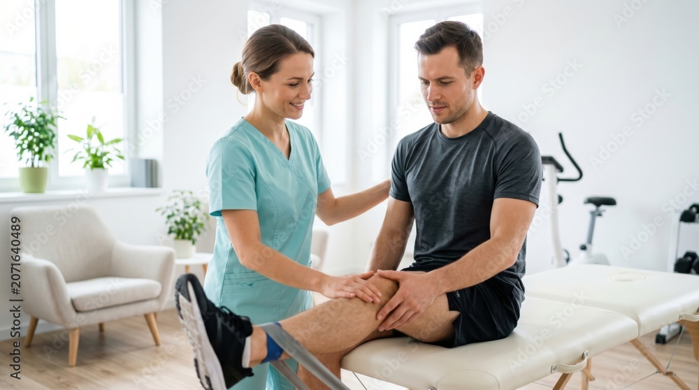 Naklejka premium Woman physiotherapist helping man to recover after injury in medical clinic. Professional rehab specialist working with male patient doing knee exercise with resistance band. Therapy