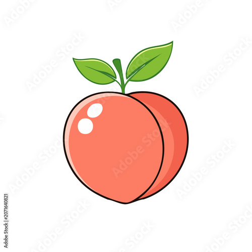 Flat illustration of a peach with green leaves