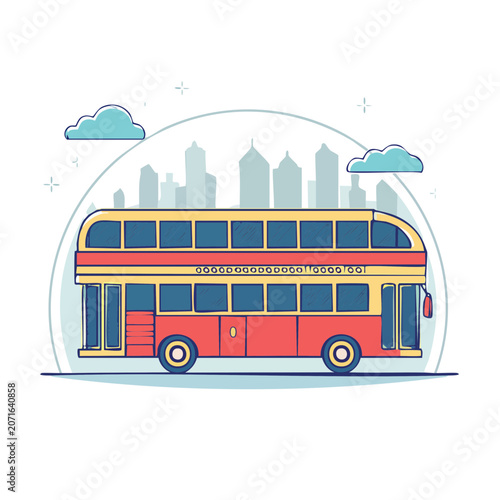 Flat illustration of a red double decker bus with city skyline