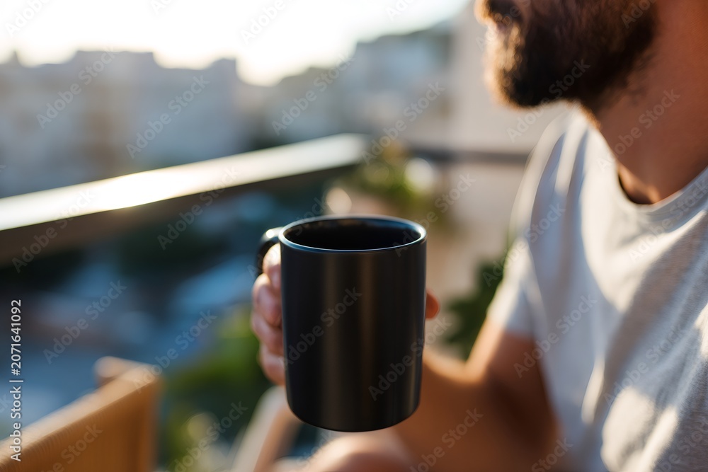 Fototapeta premium Bearded man holding black coffee mug on balcony at sunrise. Male drinking hot beverage with blurred urban city view. Morning routine concept