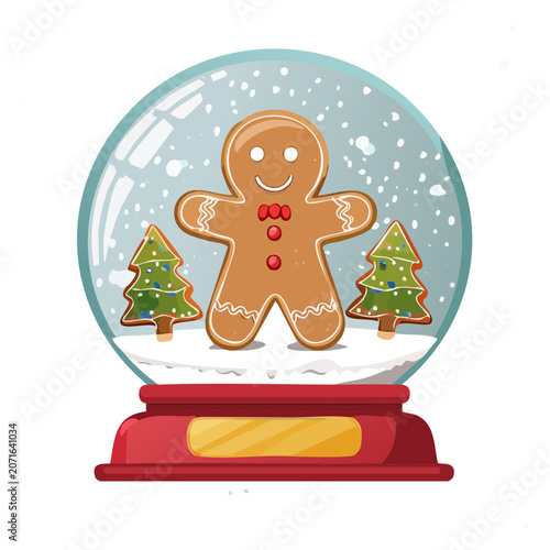 Gingerbread Man in Snow Globe with Christmas Trees