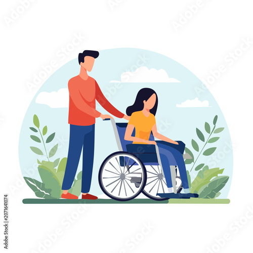 Man pushing woman in wheelchair outdoors flat illustration