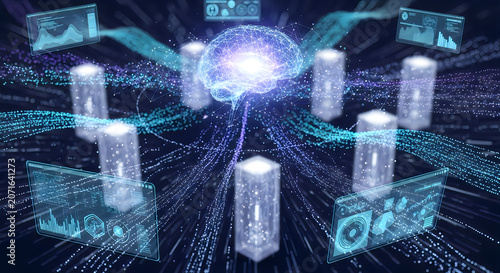 Futuristic data servers with glowing lights in digital network