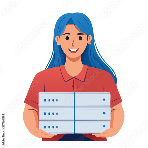 Woman holding server rack in flat vector style