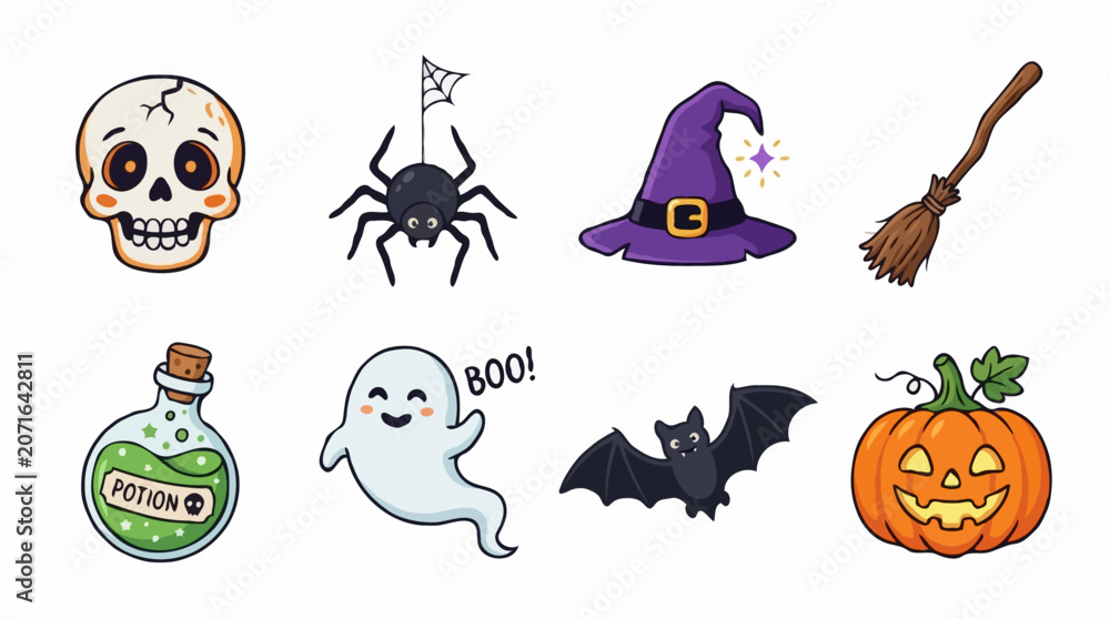 Fototapeta premium Set of Halloween icons, including a skull, spider, witch hat, broom, potion bottle, ghost, bat, and pumpkin