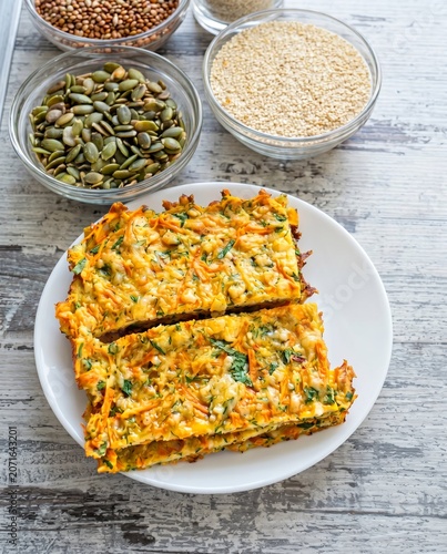 Sliced vegetable bake with grated carrots and cheese on a white plate, served with various seeds on a wooden table.