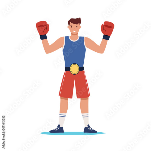 Victorious boxer with championship belt in flat vector style