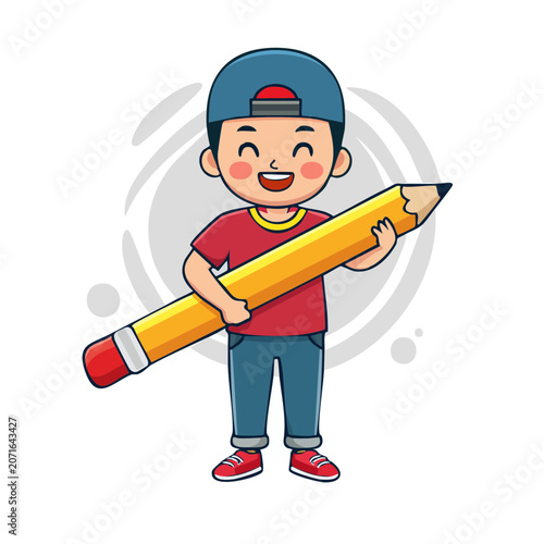 Cartoon boy holding giant pencil illustration