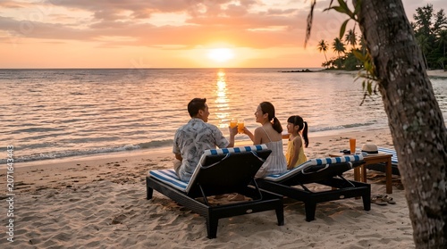 Happy family relaxing on beach loungers at sunset with drinks