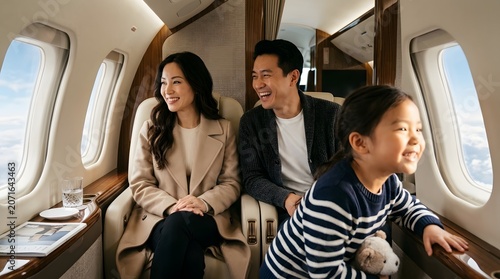 Smiling asian family traveling in a luxury private jet