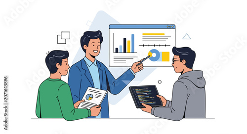 Three men collaborate on data analysis, using a large display screen, a tablet with code, and printed reports during a professional meeting.