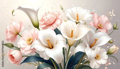 Close-up of blooming pink and white peonies.