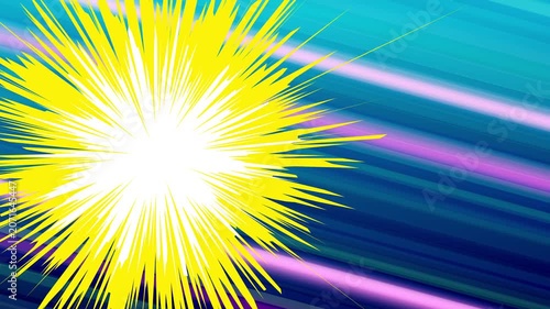 Anime manga style comic explosion with bright yellow burst on blue background. Dynamic radial speed lines for pop art action scene.