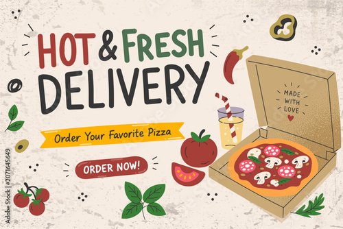 Pizza Delivery Promotion Template with Open Box Drink and Fresh Italian Ingredients Flat Style