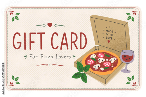 Pizza Gift Card Design with Open Box Wine Glass and Basil Leaves Flat Style